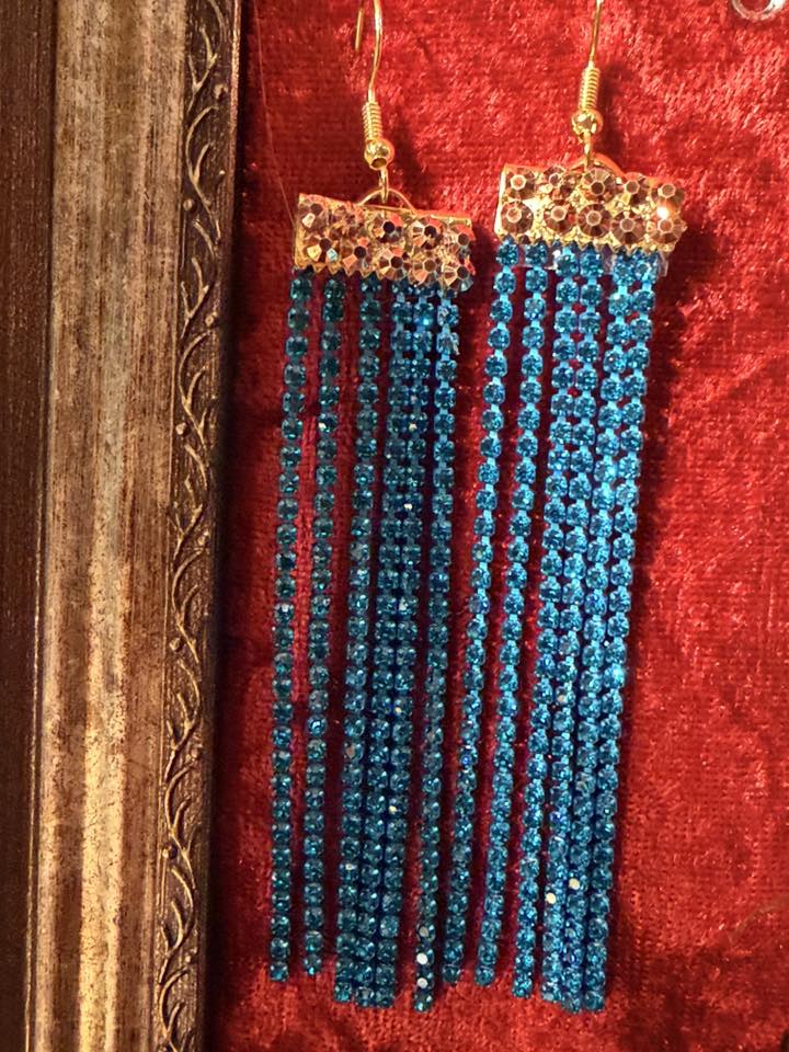 Blue Rhinestone Hanging Earrings - Handmade Statement Jewelry